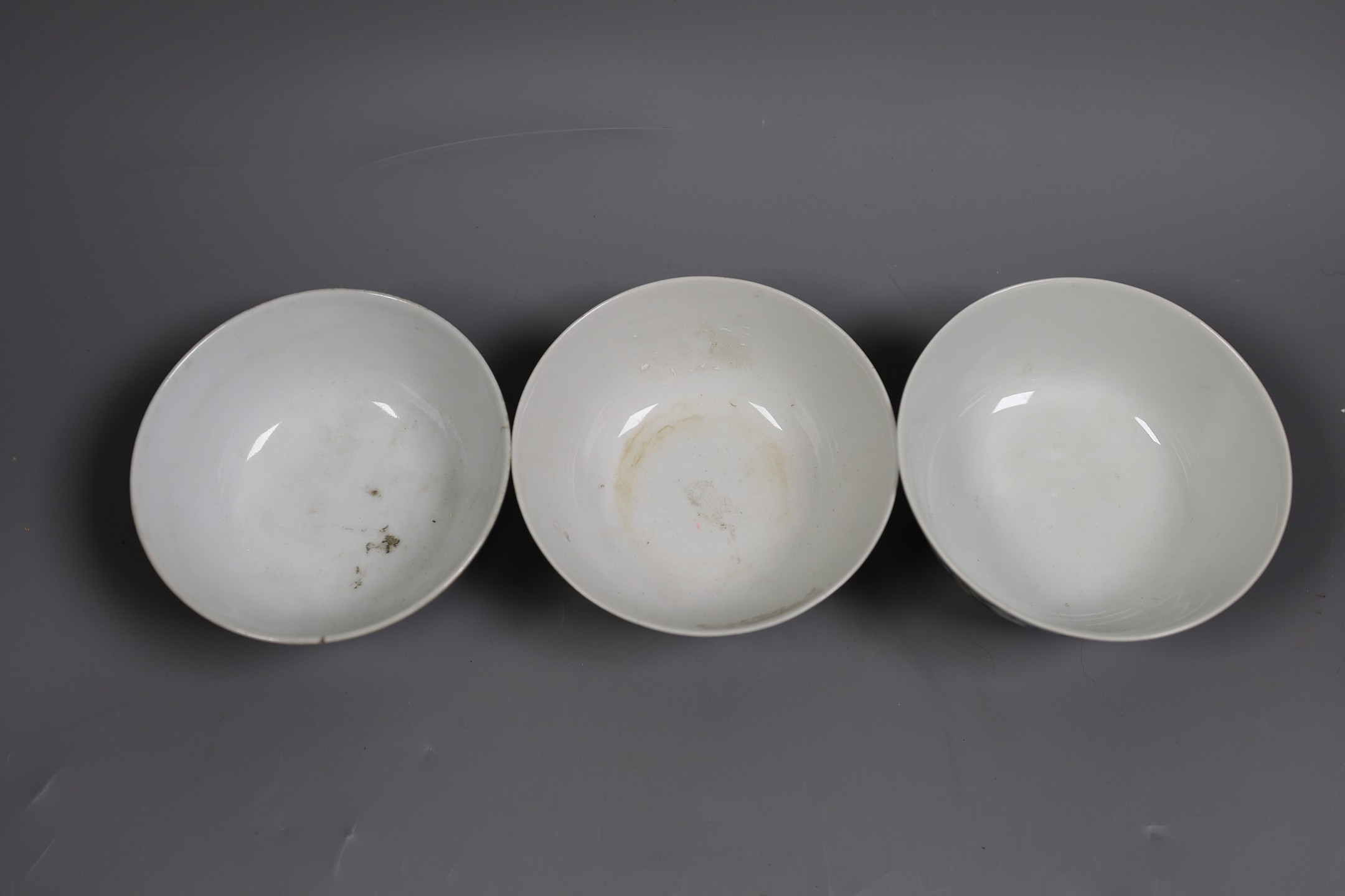 Three Chinese enamelled porcelain bowls, tallest 5.5 cms high